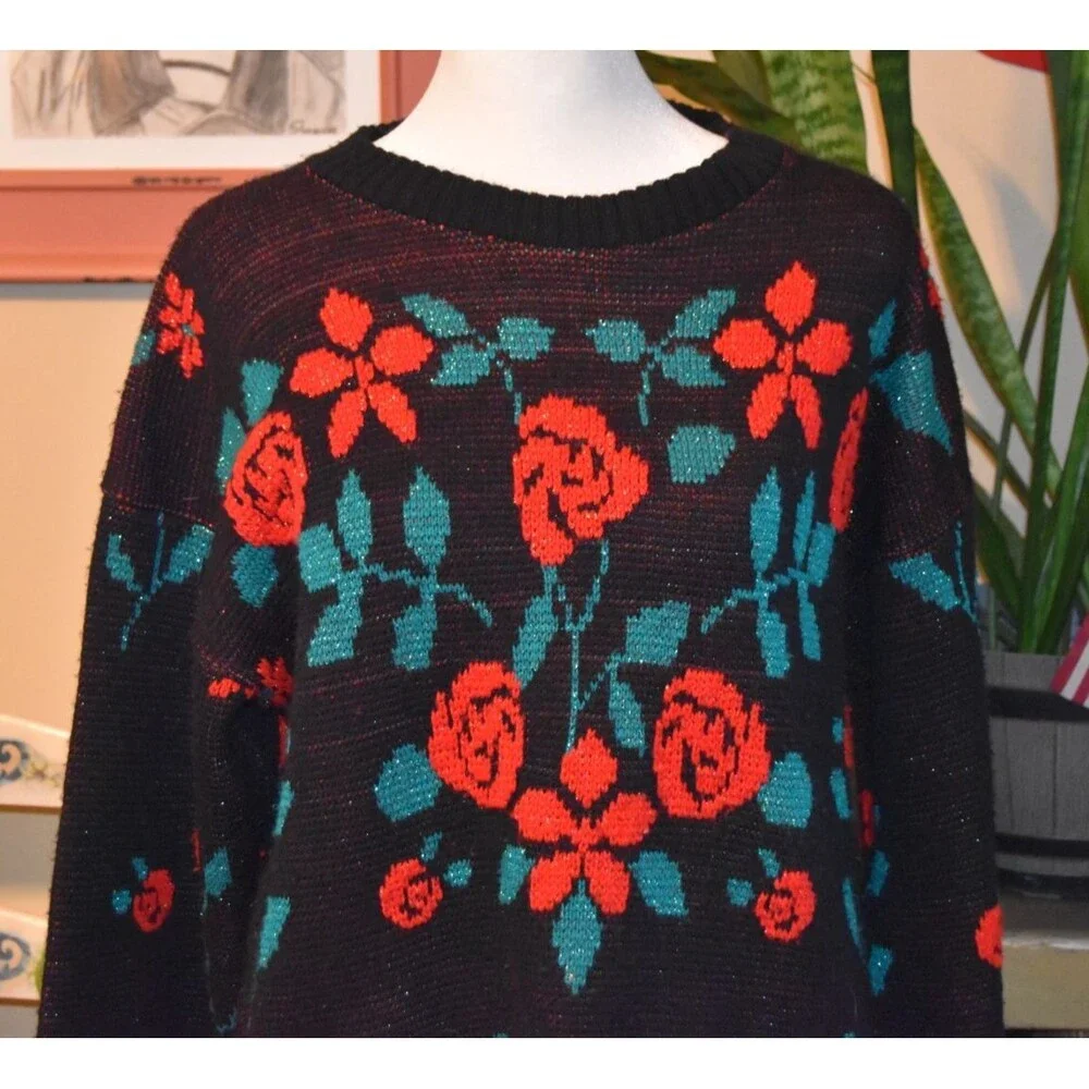 Vintage 80s Village Fair Rose/Floral Sweater Metallic Womens Retro Black USA M